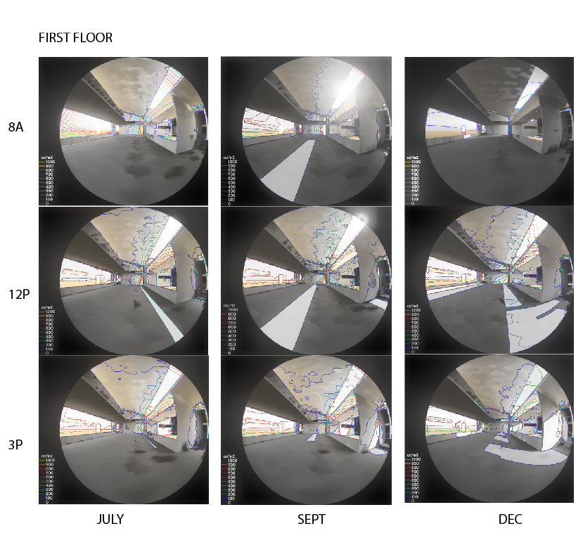 Nine Radiance renderings showing different point in time illuminances.