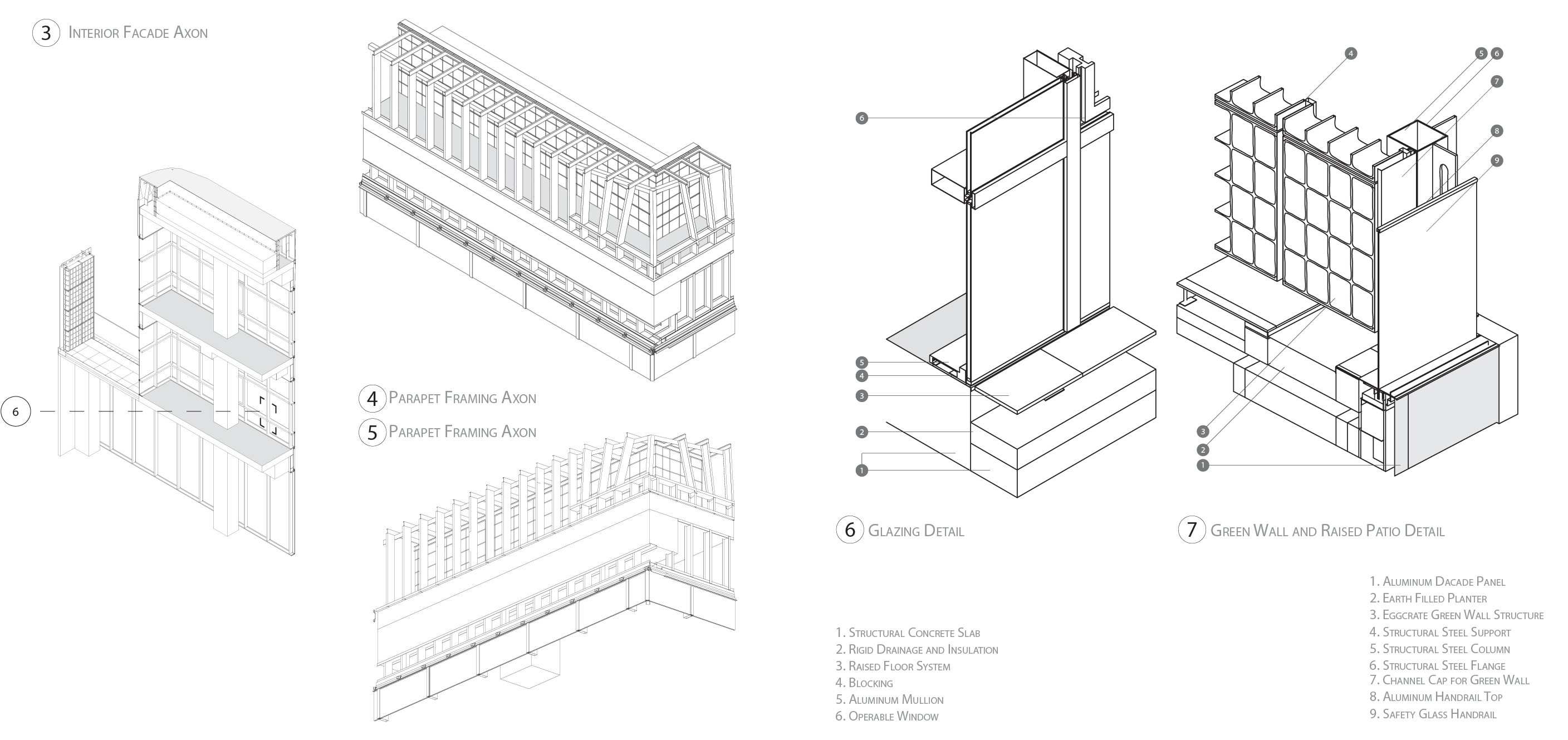 Interior facade and framing axons (left) and small detail axons (right)